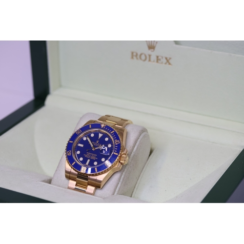 55 - 18CT ROLEX SUBMARINER DATE 'BLUESY' REFERENCE 116618 WITH BOX, circular gloss blue dial with gold ap... 