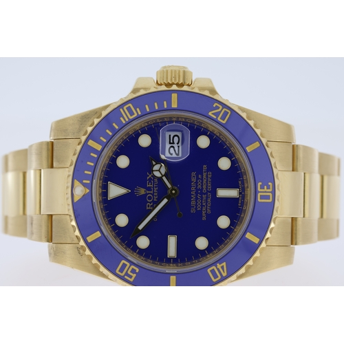 55 - 18CT ROLEX SUBMARINER DATE 'BLUESY' REFERENCE 116618 WITH BOX, circular gloss blue dial with gold ap... 