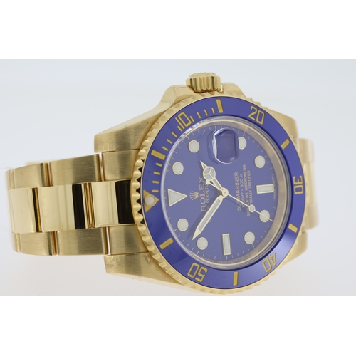 55 - 18CT ROLEX SUBMARINER DATE 'BLUESY' REFERENCE 116618 WITH BOX, circular gloss blue dial with gold ap... 