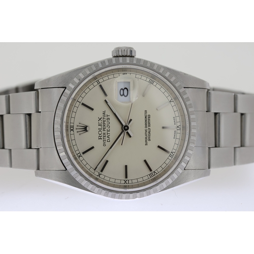 6 - ROLEX DATEJUST 36 REFERENCE 16220 BOX AND PAPERS 2006, circular sunburst silver dial with baton hour... 