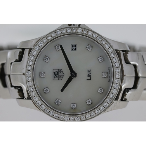 65 - LADIES TAG HEUER LINK DIAMONDS MOTHER OF PEARL REFERENCE WJF1417 WITH BOX, circular mother of pearl ... 