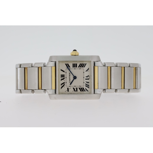 66 - CARTIER TANK FRANCIASE REFERENCE 2301 WITH BOX AND RECENT SERVICE, square white dial with roman nume... 