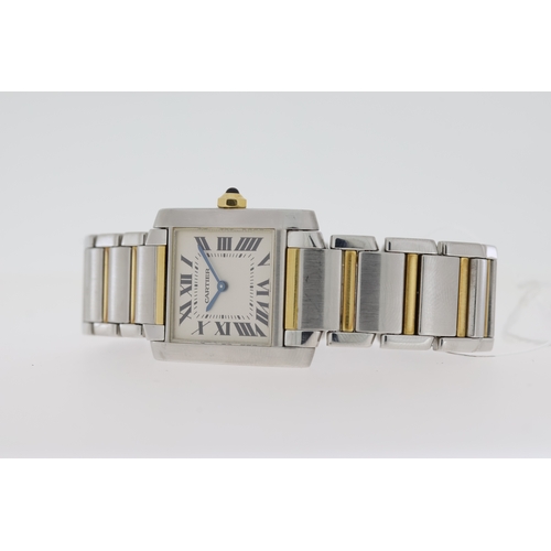 66 - CARTIER TANK FRANCIASE REFERENCE 2301 WITH BOX AND RECENT SERVICE, square white dial with roman nume... 