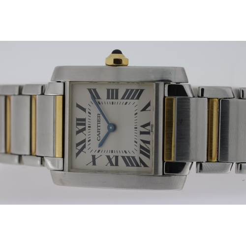 66 - CARTIER TANK FRANCIASE REFERENCE 2301 WITH BOX AND RECENT SERVICE, square white dial with roman nume... 