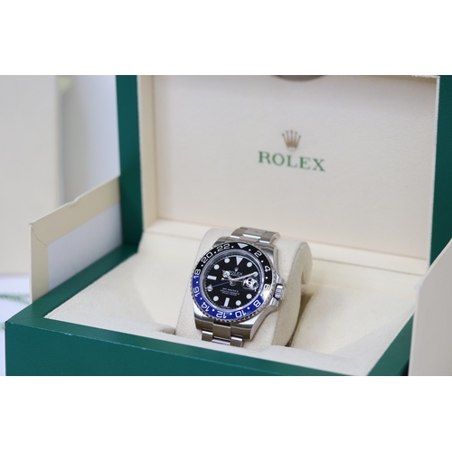 72 - ROLEX GMT MASTER II 'BATMAN' REFERENCE 116710BLNR BOX AND PAPERS 2015, circular black dial with gold... 