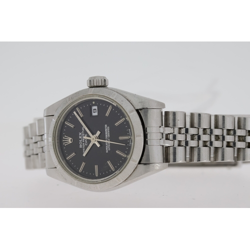 76 - LADIES ROLEX 69190 OYSTER PERPETUAL DATE BOX AND PAPERS CIRCA 1993,  black dial, baton hour markers,... 