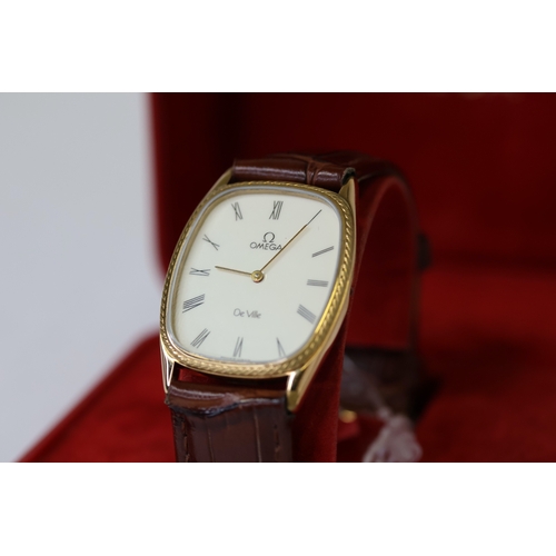 79 - OMEGA DE VILLE QUARTZ WATCH WITH BOX, white dial with roman numeral hour markers, approx 27mm gold p... 