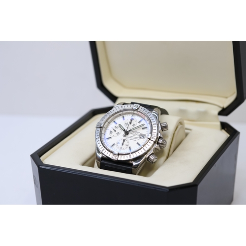 80 - BREITLING CHRONOMAT EVOLUTION AUTOMATIC REFERENCE A13356 WITH BOX, silver dial wth three subsidairy ... 