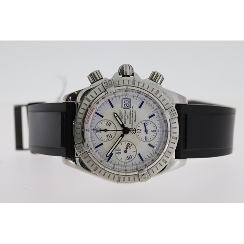 80 - BREITLING CHRONOMAT EVOLUTION AUTOMATIC REFERENCE A13356 WITH BOX, silver dial wth three subsidairy ... 