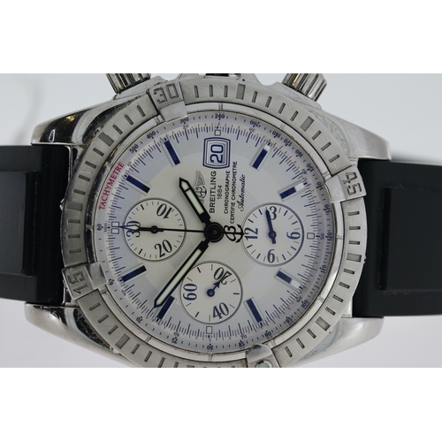 80 - BREITLING CHRONOMAT EVOLUTION AUTOMATIC REFERENCE A13356 WITH BOX, silver dial wth three subsidairy ... 