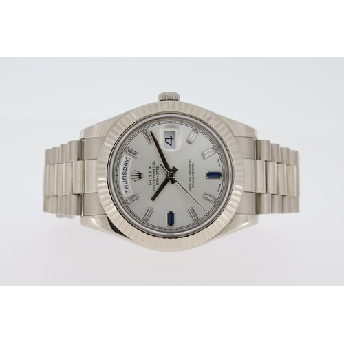 86 - RARE 18CT WHITE GOLD ROLEX DAY-DATE II WITH FACTORY SET DIAMOND AND SAPPHIRE DIAL WITH BOX AND PAPER... 