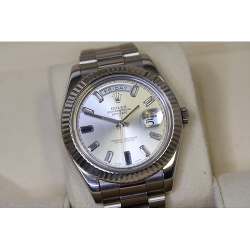 86 - RARE 18CT WHITE GOLD ROLEX DAY-DATE II WITH FACTORY SET DIAMOND AND SAPPHIRE DIAL WITH BOX AND PAPER... 