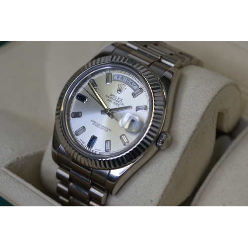 86 - RARE 18CT WHITE GOLD ROLEX DAY-DATE II WITH FACTORY SET DIAMOND AND SAPPHIRE DIAL WITH BOX AND PAPER... 