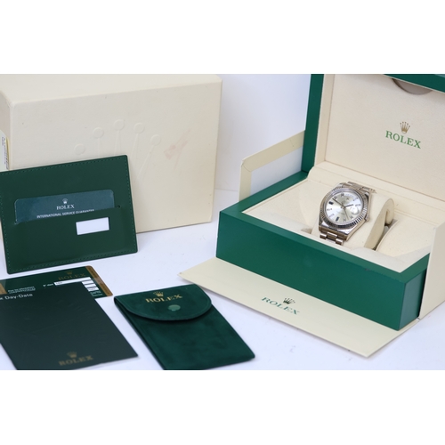 86 - RARE 18CT WHITE GOLD ROLEX DAY-DATE II WITH FACTORY SET DIAMOND AND SAPPHIRE DIAL WITH BOX AND PAPER... 