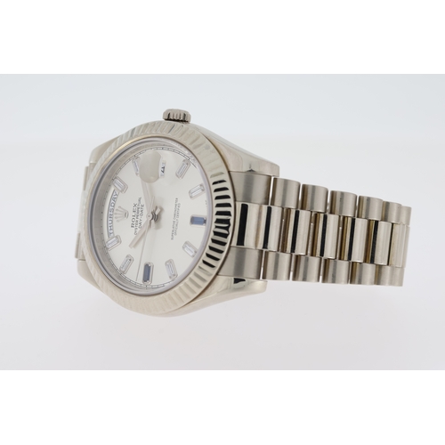 86 - RARE 18CT WHITE GOLD ROLEX DAY-DATE II WITH FACTORY SET DIAMOND AND SAPPHIRE DIAL WITH BOX AND PAPER... 