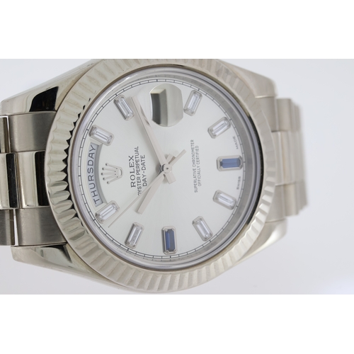 86 - RARE 18CT WHITE GOLD ROLEX DAY-DATE II WITH FACTORY SET DIAMOND AND SAPPHIRE DIAL WITH BOX AND PAPER... 