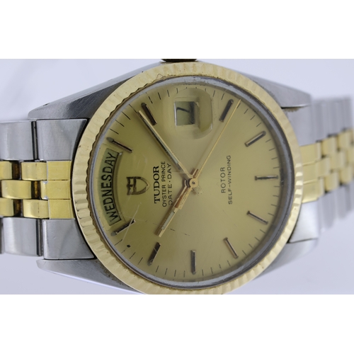 127 - TUDOR OYSTER PRINCE DATE DAY REFERENCE 94613, circular champagne dial with baton hour markers, quick... 