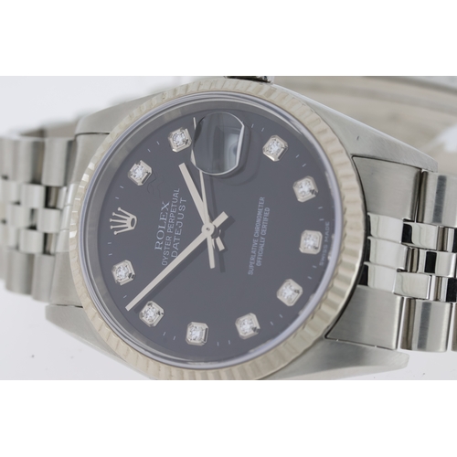 130 - ROLEX DATEJUST 36 DIAMOND DIAL REFERENCE 16234 CIRCA 2003, circular black dial with diamond dot hour... 