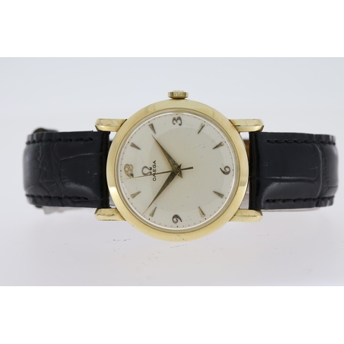 133 - VINTAGE OMEGA MECHANICAL WRISTWATCH CIRCA 1950, circular silver dial with gold baton and arabic nume... 