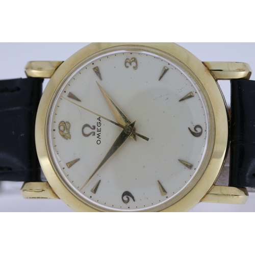 133 - VINTAGE OMEGA MECHANICAL WRISTWATCH CIRCA 1950, circular silver dial with gold baton and arabic nume... 