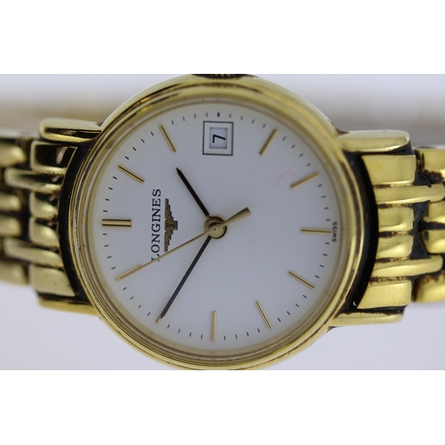 162 - LADIES LONGINES QUARTZ WRISTWATCH REFERENCE L4.220.2, approx 24mm gold plated case with snap on case... 