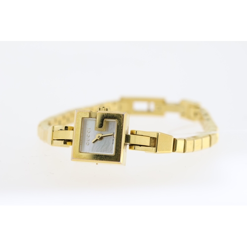 184 - LADIES GUCCI  QUARTZ (GMINI) MOTHER OF PEARL DIAL REFERENCE 102, approx 19mm square stainless steel ... 