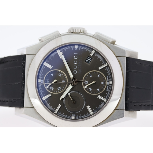 220 - GUCCI AUTOMATIC CHRONOGRAPH REFERENCE 115.2 WITH BOX AND BOOKLETS , grey dial with three subsidiary ... 