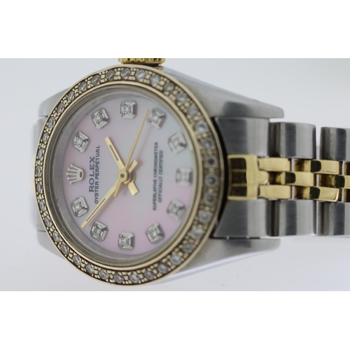 223 - LADIES ROLEX OYSTER PERPETUAL REFERENCE 67183, aftermarket diamond set pink mother of pearl dial, af... 