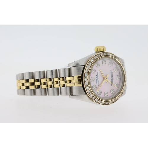 223 - LADIES ROLEX OYSTER PERPETUAL REFERENCE 67183, aftermarket diamond set pink mother of pearl dial, af... 