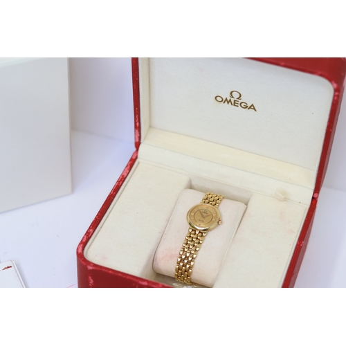 324 - LADIES 18CT OMEGA DE VILLE REFERENCE 71601400 BOX AND PAPERS 1998, gold circular dial with roman and... 