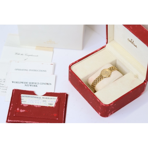 324 - LADIES 18CT OMEGA DE VILLE REFERENCE 71601400 BOX AND PAPERS 1998, gold circular dial with roman and... 