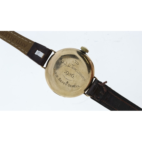 303 - VINTAGE 9CT TRENCH WATCH CIRCA 1920's, circular white dial with arabic numeral hour markers, subsidi... 