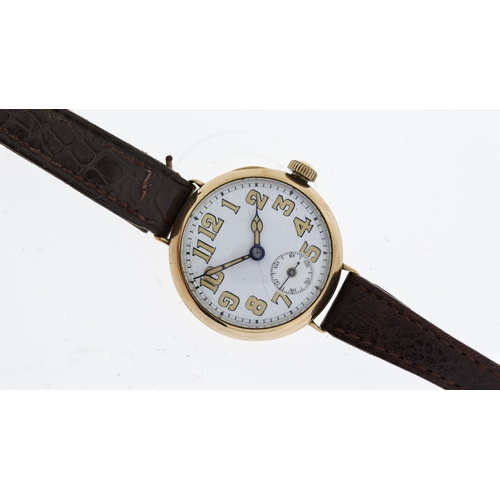 303 - VINTAGE 9CT TRENCH WATCH CIRCA 1920's, circular white dial with arabic numeral hour markers, subsidi... 