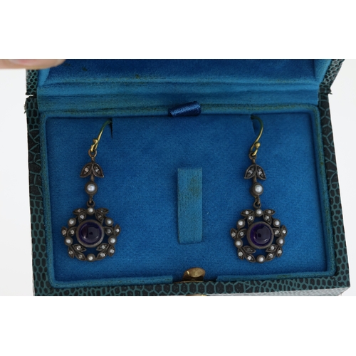 1058 - Pair of Victorian-style cabochon amethyst, diamonds and seed pearl garland drop earrings, boxed. Ame... 