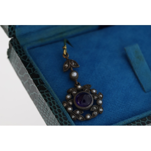 1058 - Pair of Victorian-style cabochon amethyst, diamonds and seed pearl garland drop earrings, boxed. Ame... 