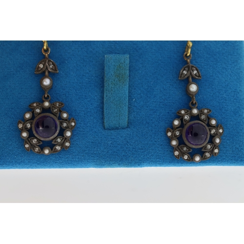 1058 - Pair of Victorian-style cabochon amethyst, diamonds and seed pearl garland drop earrings, boxed. Ame... 