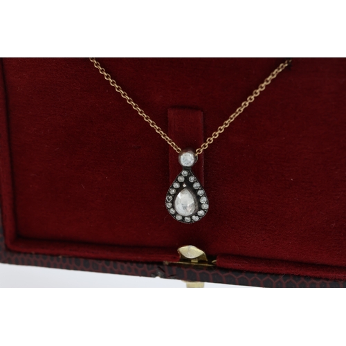 1064 - Vintage-style 8ct rose gold tear drop necklace set with pear, rose-cut and round-cut diamonds, boxed... 