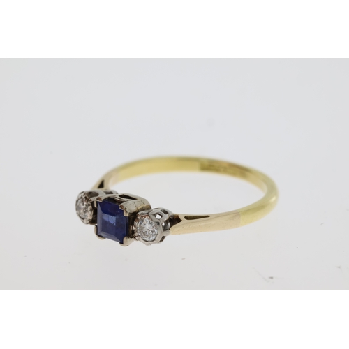 1096 - Square sapphire and diamond 3 stone ring stamped 18CT&PT