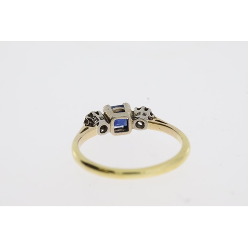 1096 - Square sapphire and diamond 3 stone ring stamped 18CT&PT