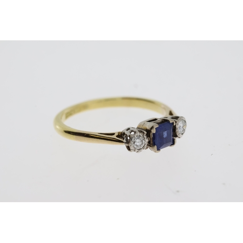 1096 - Square sapphire and diamond 3 stone ring stamped 18CT&PT