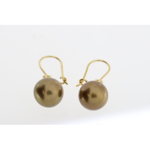 1105 - A pair of Tahitian chocolate Pearl and diamondearrings on shepherd hooks, marked 750 (18carat gold)