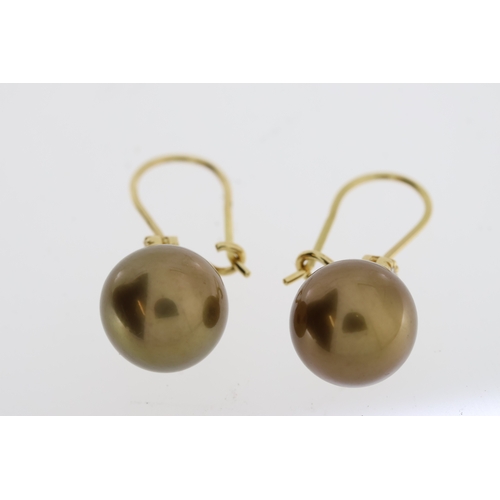 1105 - A pair of Tahitian chocolate Pearl and diamondearrings on shepherd hooks, marked 750 (18carat gold)