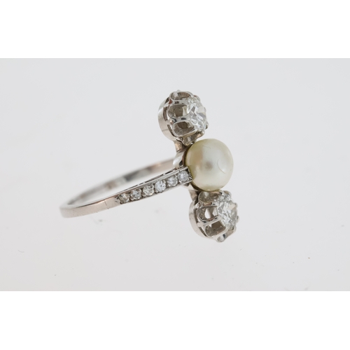 1107 - An art deco platinum trilogy ring comprising anatural pearl set between two old cut diamonds.Decorat... 