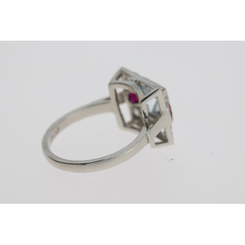 1109 - A platinum Aquamarine, ruby and diamond dressring measuring approximately 1.3 x 1.3mm.Aqua 1.30 cara... 