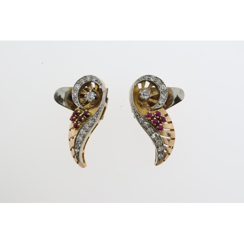 1123 - A PAIR OF VINTAGE DIAMOND AND RUBY SPRAY EARRINGS WITH CARTIER LONDON MARK, central old cut diamond ... 