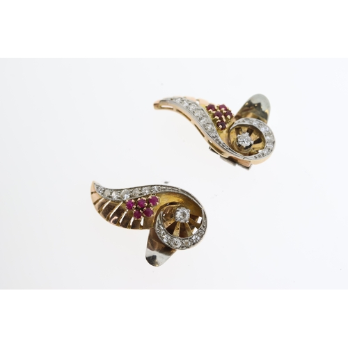 1123 - A PAIR OF VINTAGE DIAMOND AND RUBY SPRAY EARRINGS WITH CARTIER LONDON MARK, central old cut diamond ... 