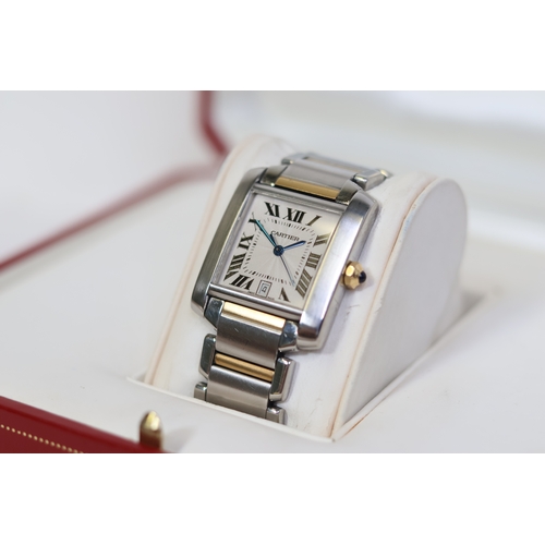 1 - CARTIER TANK FRANCAISE AUTOMATIC REFERENCE 2302 WITH BOX, square white guilloche dial with roman num... 