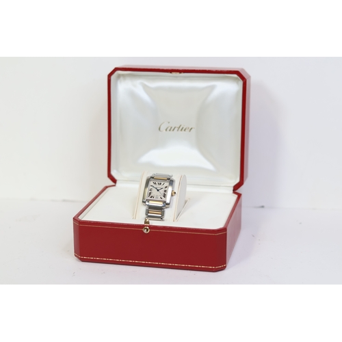 1 - CARTIER TANK FRANCAISE AUTOMATIC REFERENCE 2302 WITH BOX, square white guilloche dial with roman num... 