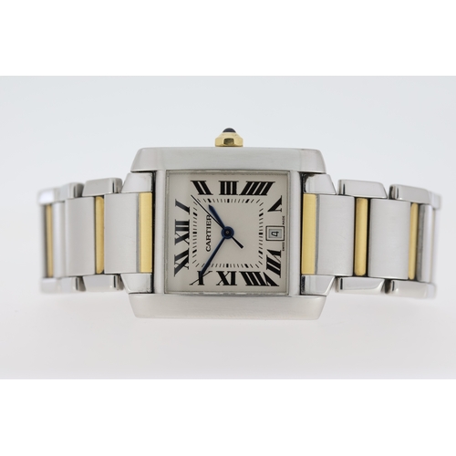 1 - CARTIER TANK FRANCAISE AUTOMATIC REFERENCE 2302 WITH BOX, square white guilloche dial with roman num... 