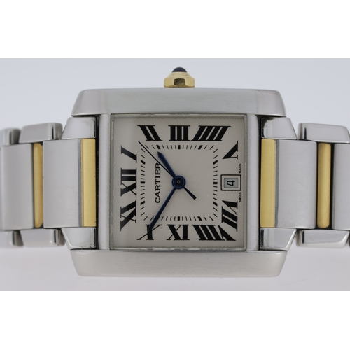 1 - CARTIER TANK FRANCAISE AUTOMATIC REFERENCE 2302 WITH BOX, square white guilloche dial with roman num... 